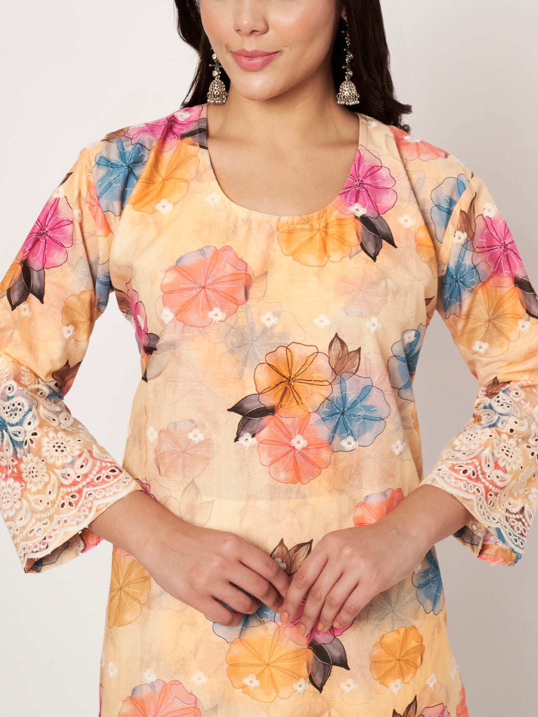 Peach Floral Printed Kurti with Lace Palazzo Set