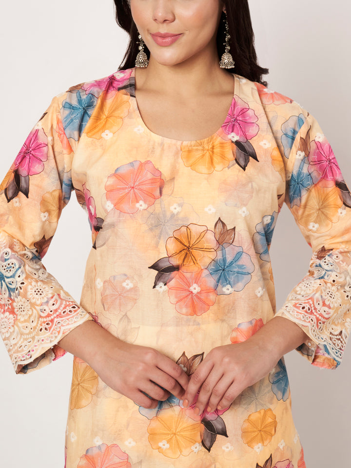 Peach Floral Printed Kurti with Lace Palazzo Set