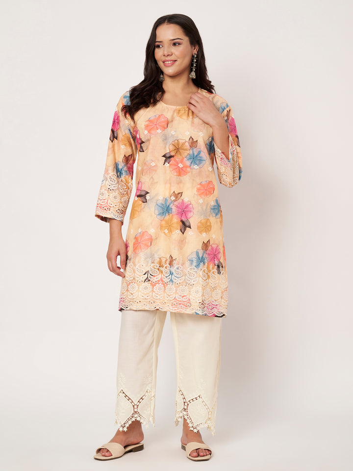 Peach Floral Printed Kurti with Lace Palazzo Set