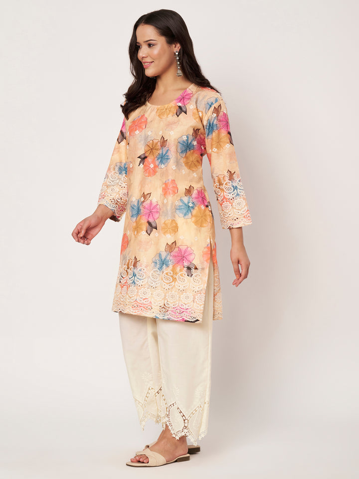 Peach Floral Printed Kurti with Lace Palazzo Set