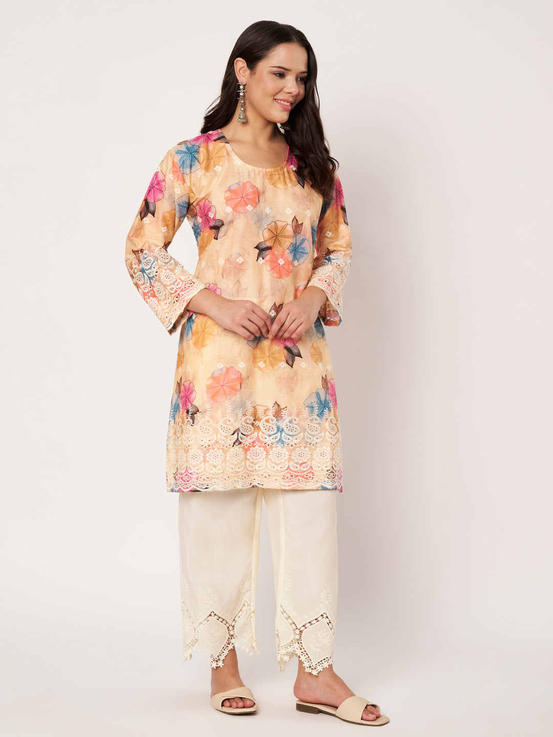 Peach Floral Printed Kurti with Lace Palazzo Set