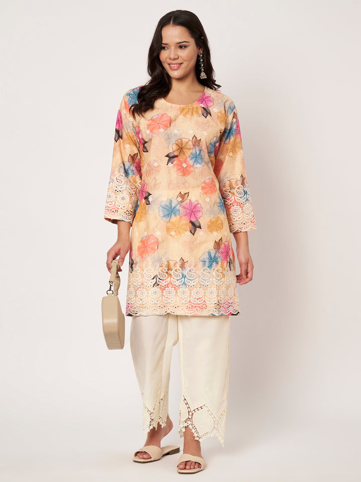 Peach Floral Printed Kurti with Lace Palazzo Set
