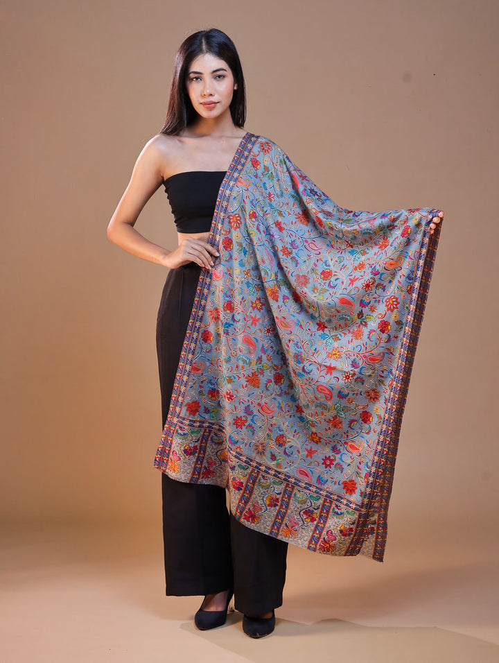 Women's Pure Wool Faux Pashmina Kalamkari Printed Embroidery Stole