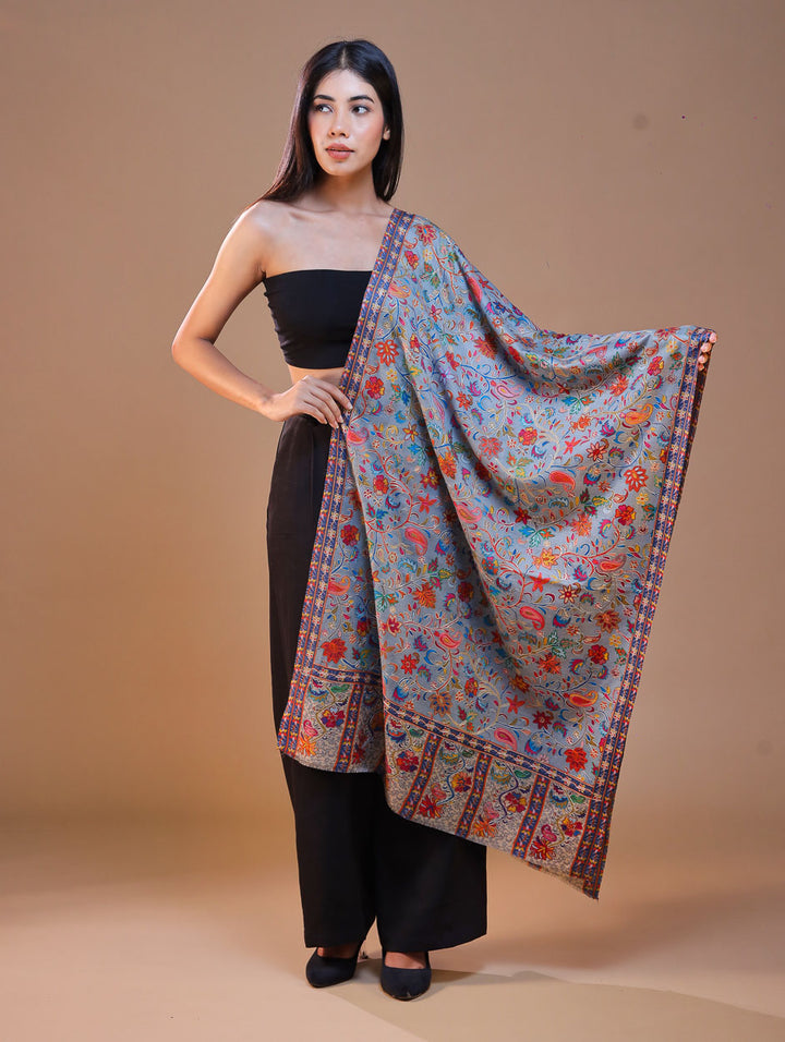Women's Pure Wool Faux Pashmina Kalamkari Printed Embroidery Stole
