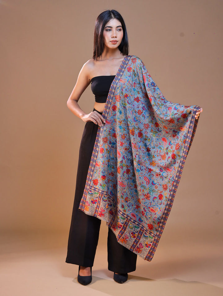 Women's Pure Wool Faux Pashmina Kalamkari Printed Embroidery Stole