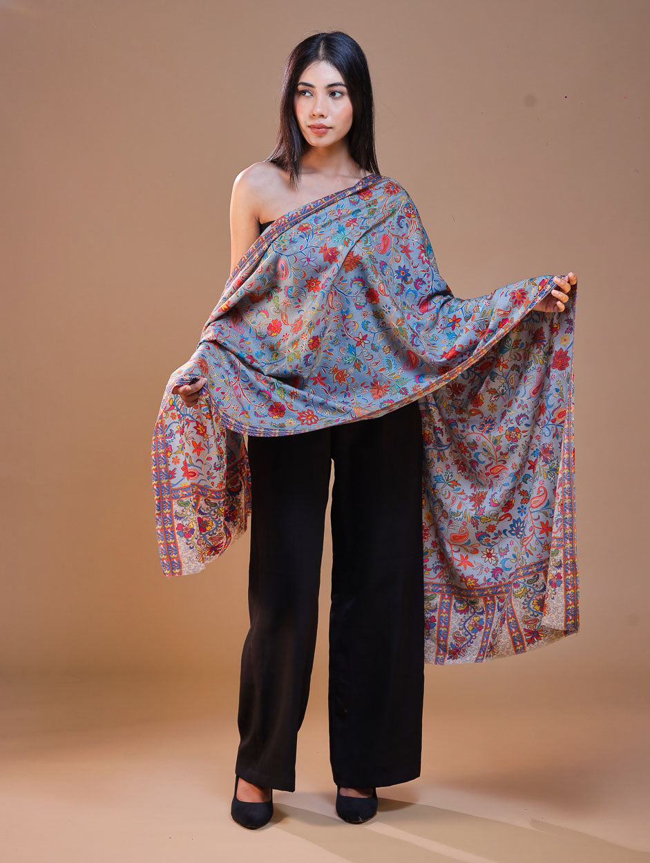 Women's Pure Wool Faux Pashmina Kalamkari Printed Embroidery Stole