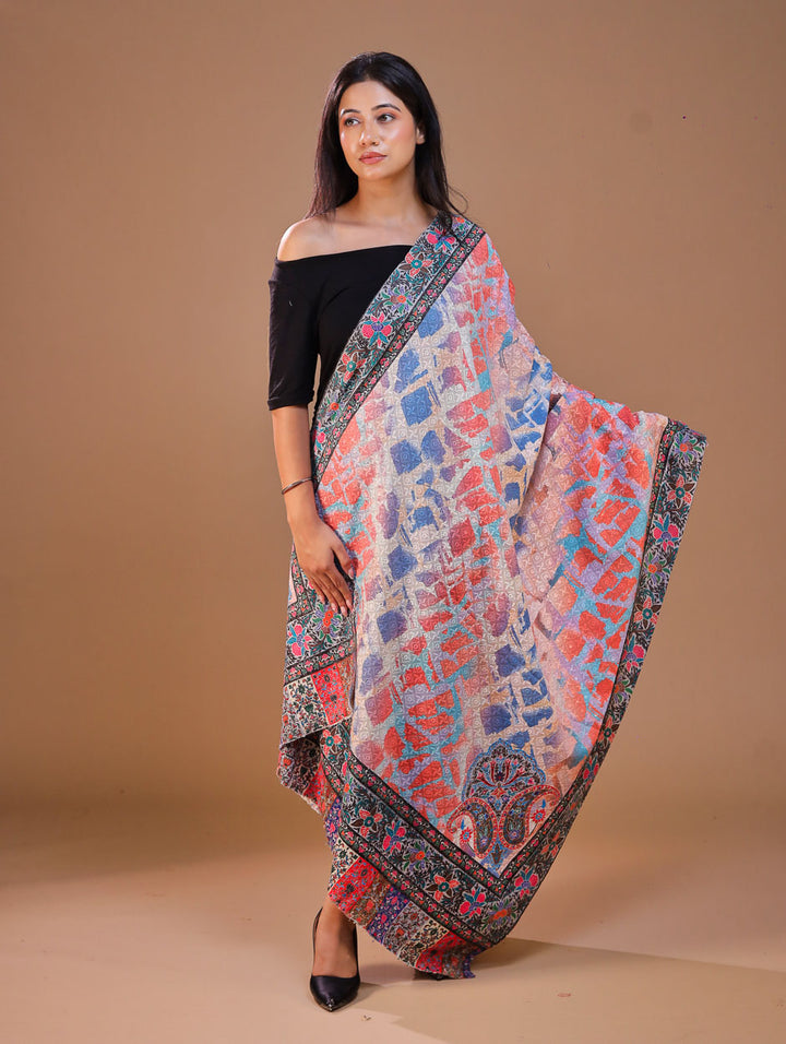 Women's Kalamkari Printed Aari Outlined Wool Shawl