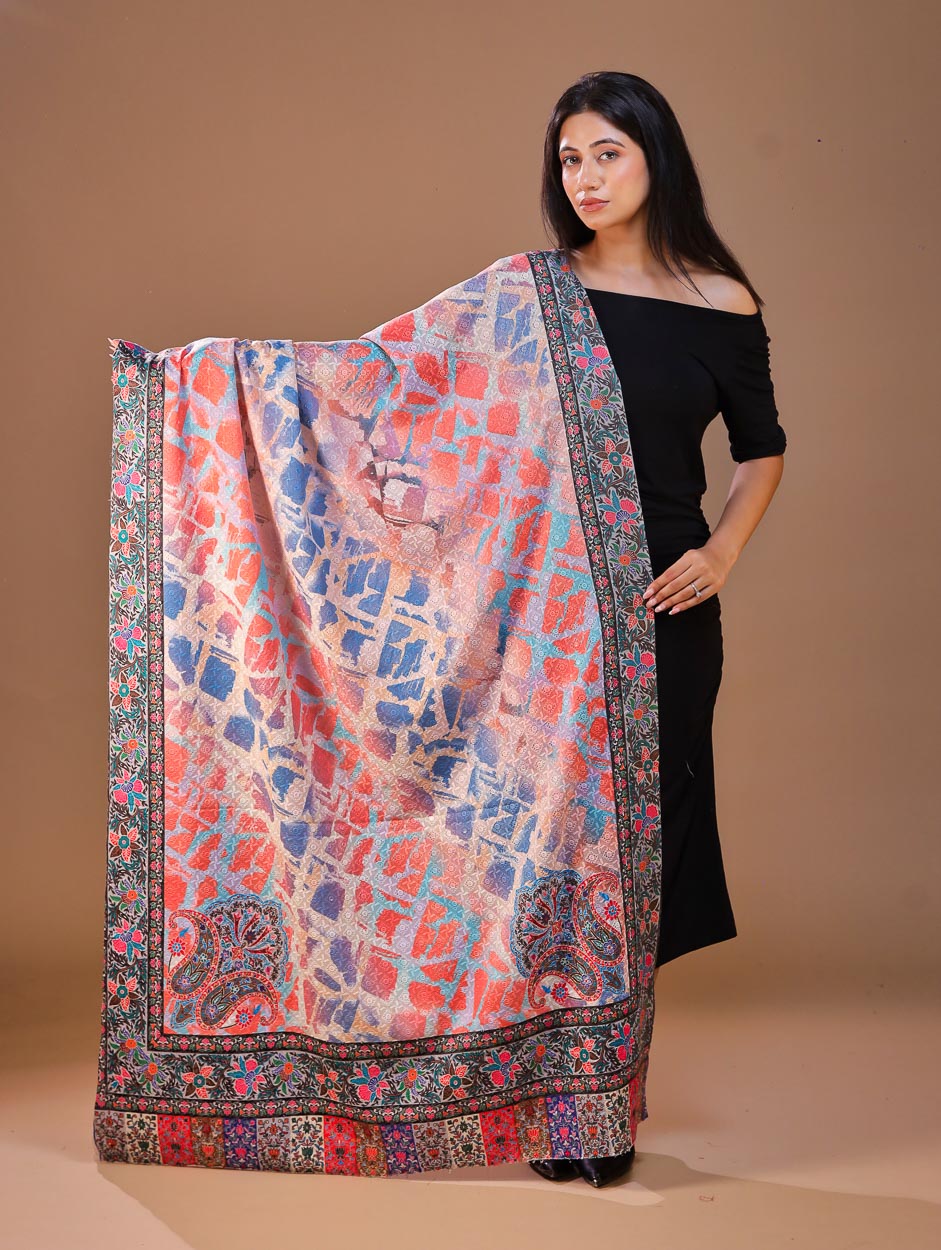 Women's Kalamkari Printed Aari Outlined Wool Shawl