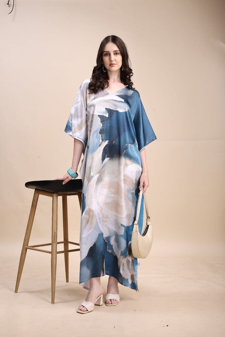 Women's Printed V-Neck Sleeves Long Satin Kaftan