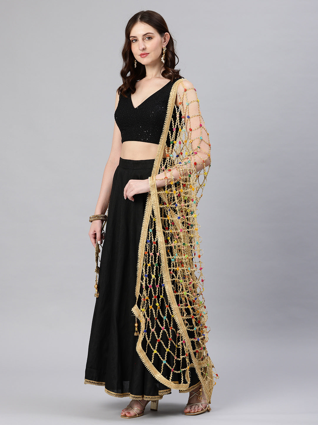 Women's Embroidered Golden Lace Beeds Dupatta