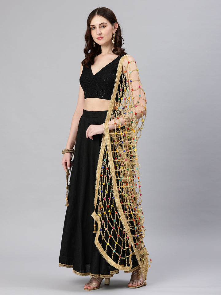 Women's Embroidered Golden Lace Beeds Dupatta