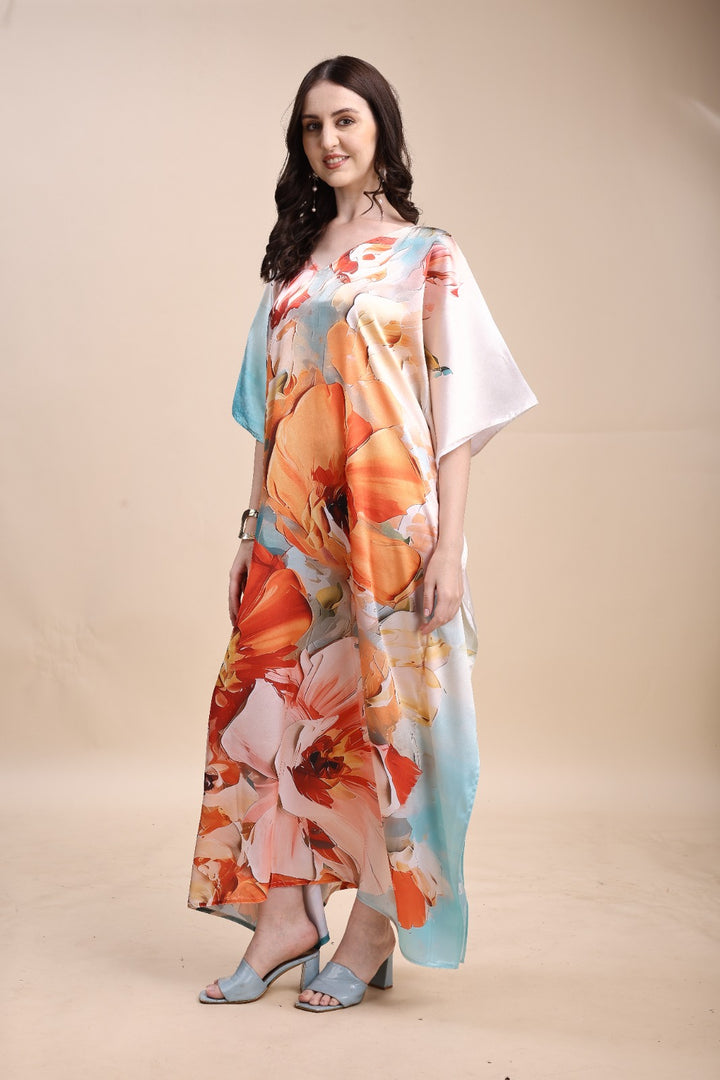 Women's Printed V-Neck Sleeves Long Satin Kaftan