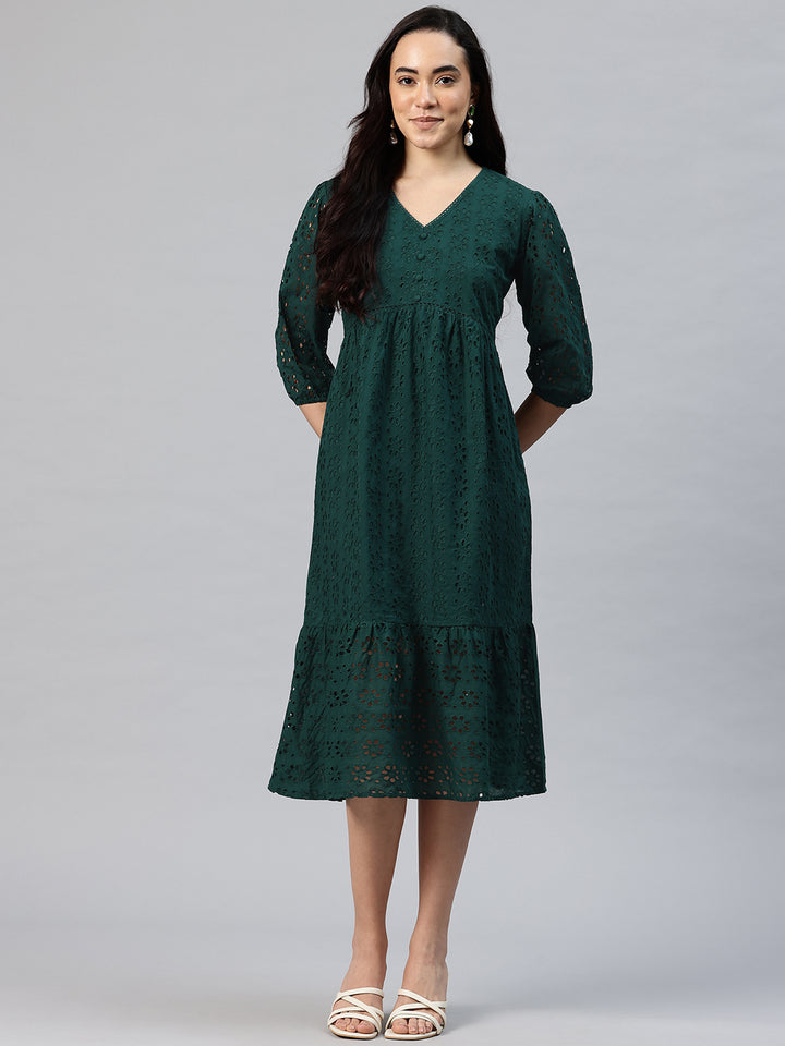 Women's Embroidered Schiffli Puff Sleeve A-Line Midi Dress