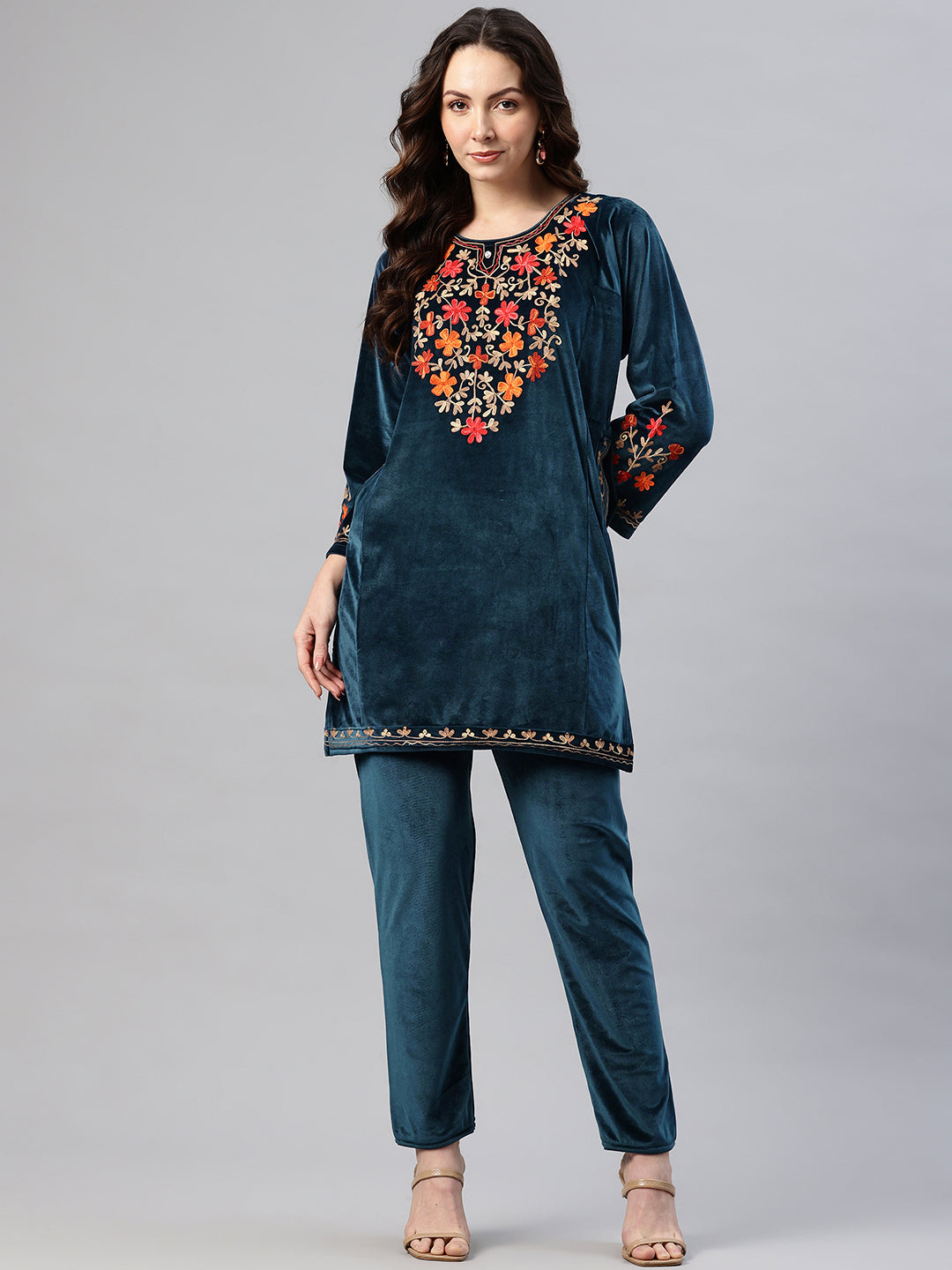 Women's Kashmiri Embroidered Velvet Co-ords – Kurta and Trousers
