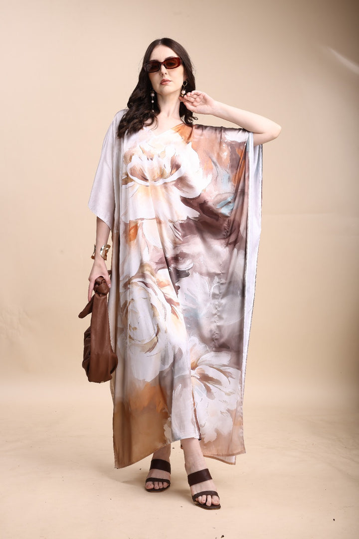 Women's Printed V-Neck Sleeves Long Satin Kaftan