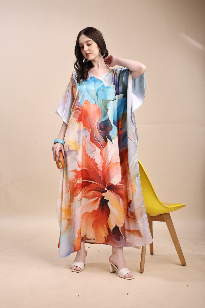 Women's Printed V-Neck Sleeves Long Satin Kaftan