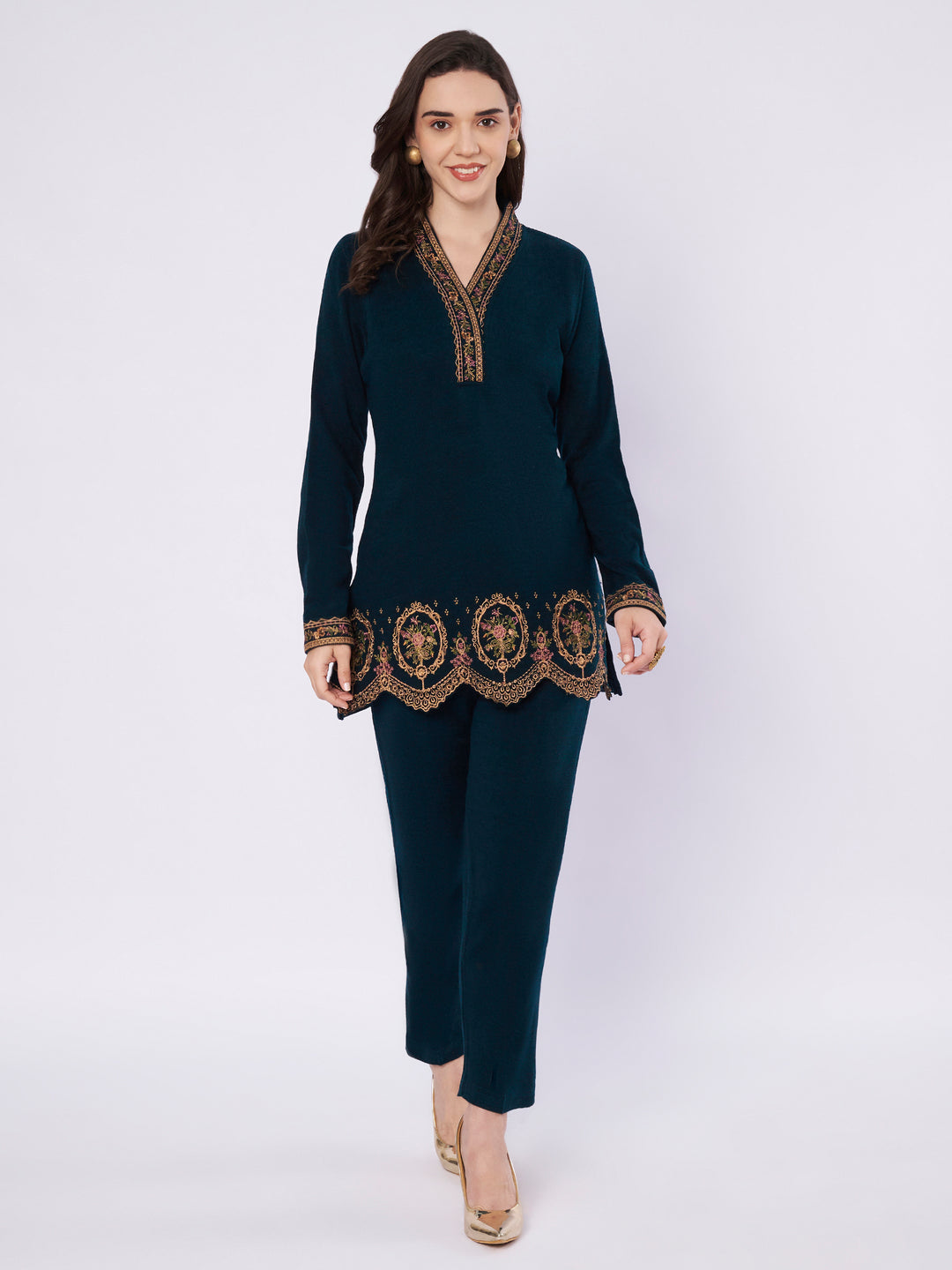Women's Kashmiri Embroidered Woollen Co-ords – Kurta and Trousers