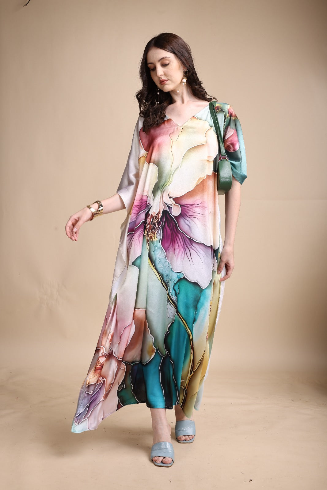 Women's Printed V-Neck Sleeves Long Satin Kaftan