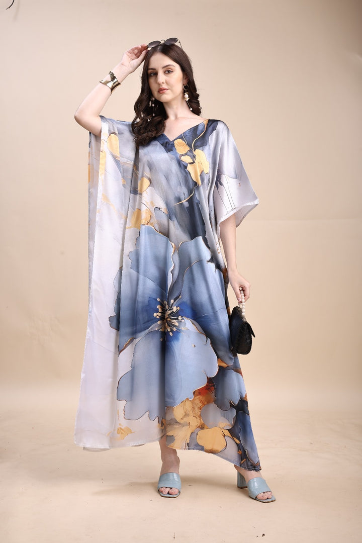 Women's Printed V-Neck Sleeves Long Satin Kaftan