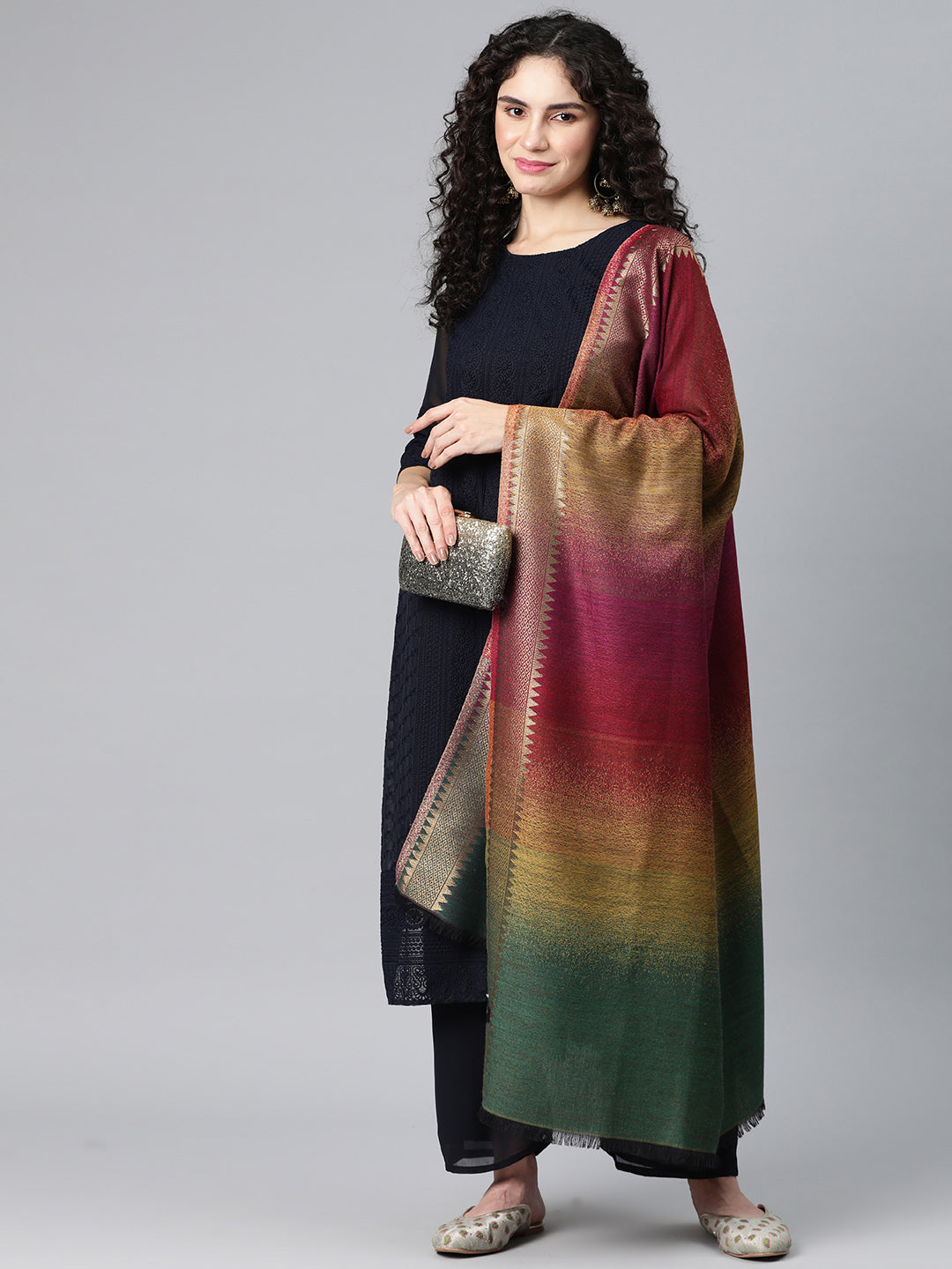 Women's Striped Wool Shawl with Zari Border