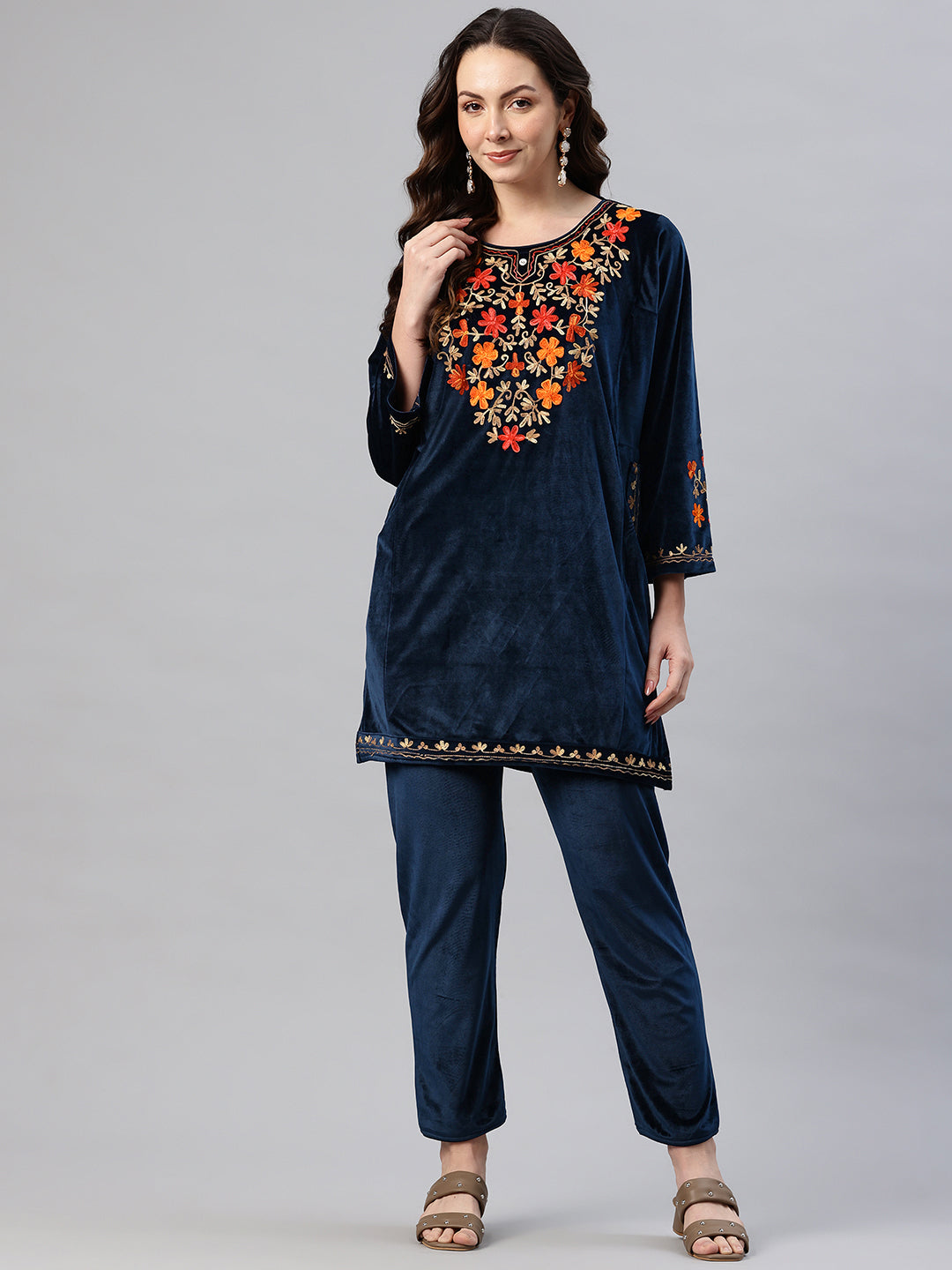 Women's Kashmiri Embroidered Velvet Co-ords – Kurta and Trousers