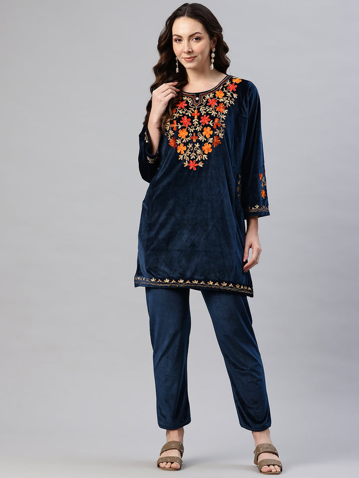 Women's Kashmiri Embroidered Velvet Co-ords – Kurta and Trousers