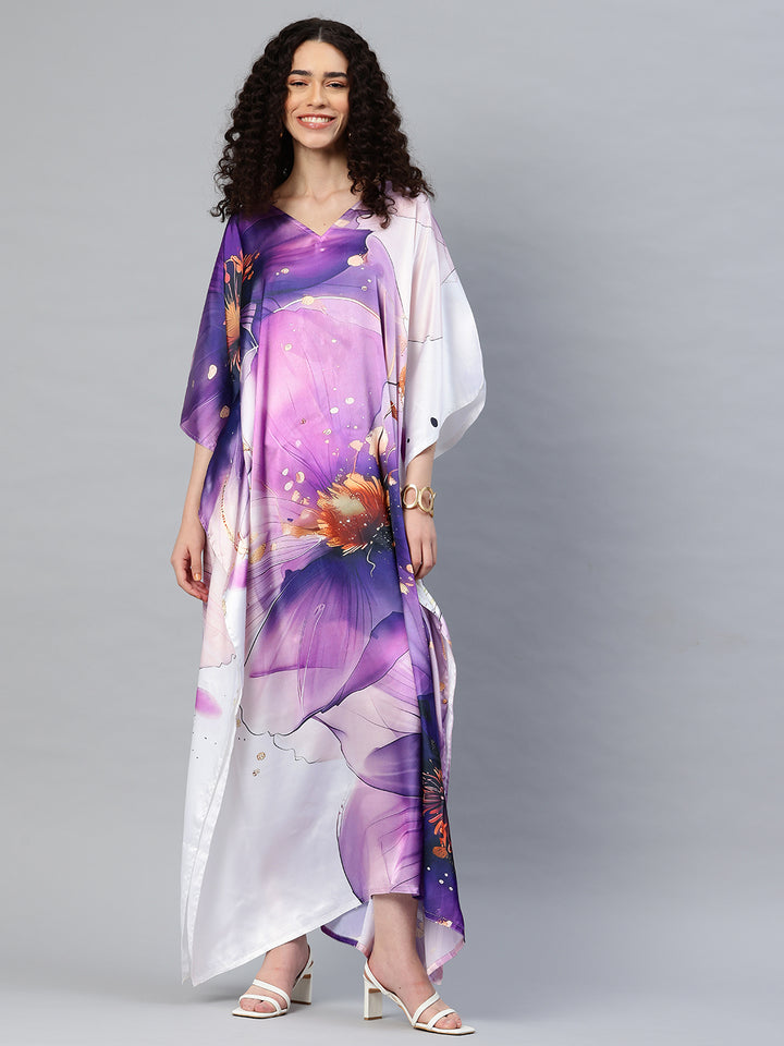 Women's Printed V-Neck Sleeves Long Satin Kaftan