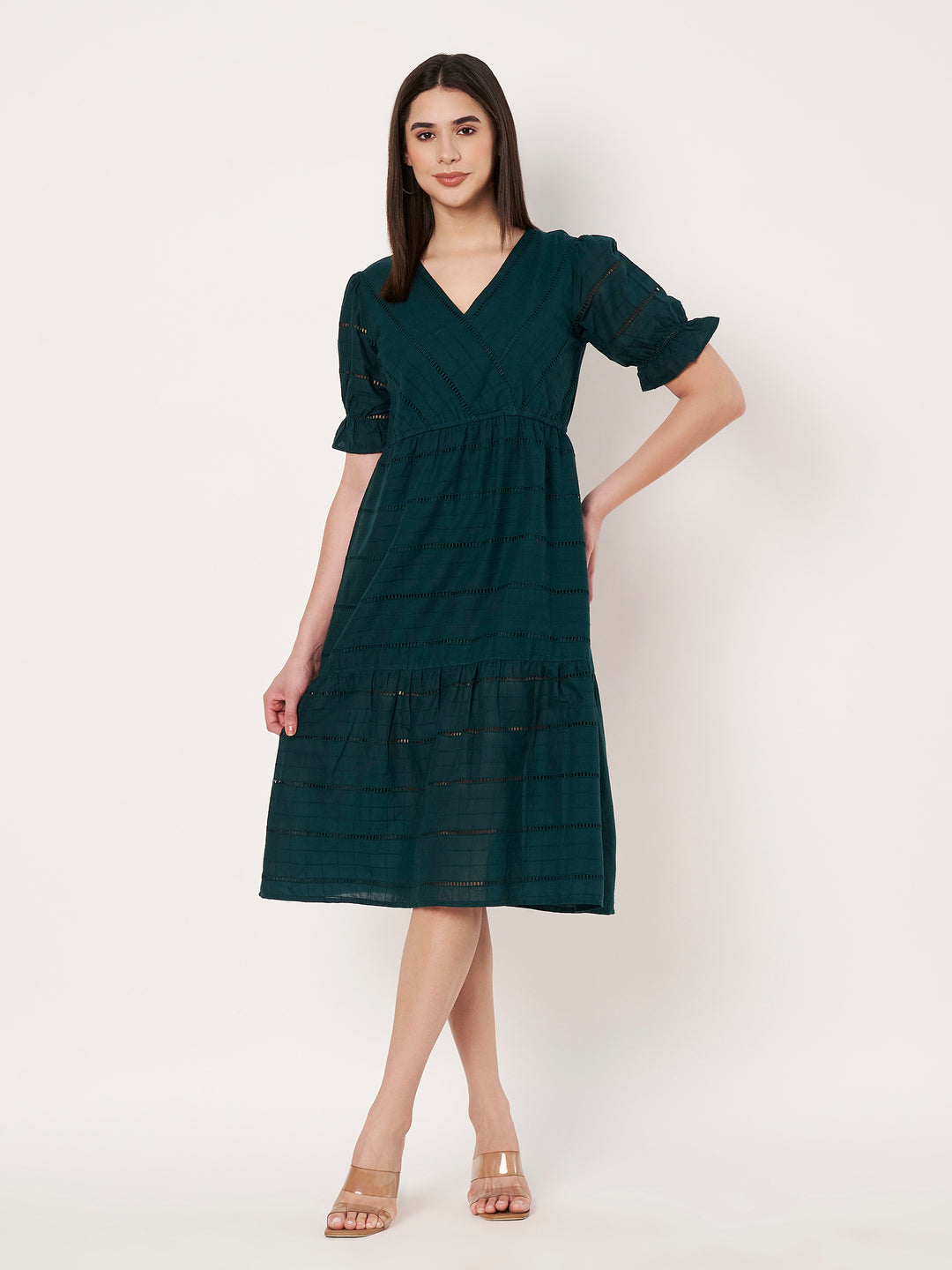 Women's Embroidered Schiffli Puff Sleeve A-Line Midi Dress