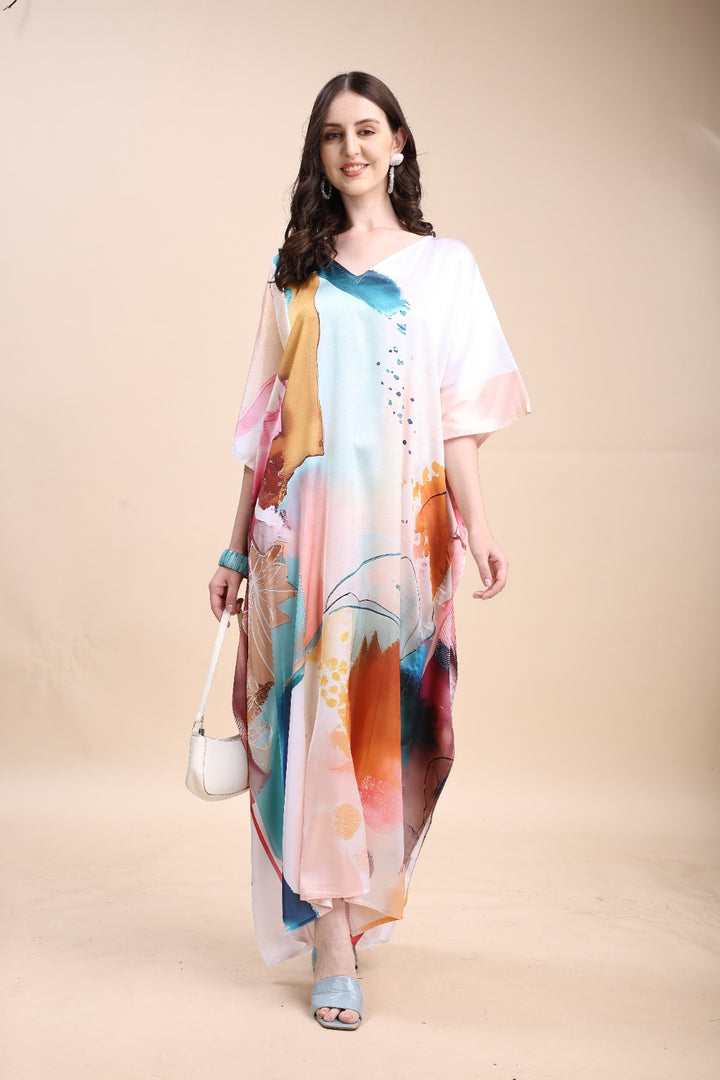Women's Printed V-Neck Sleeves Long Satin Kaftan