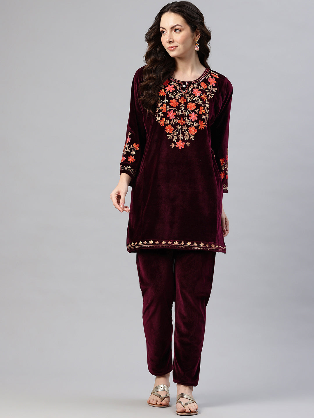 Women's Kashmiri Embroidered Velvet Co-ords – Kurta and Trousers