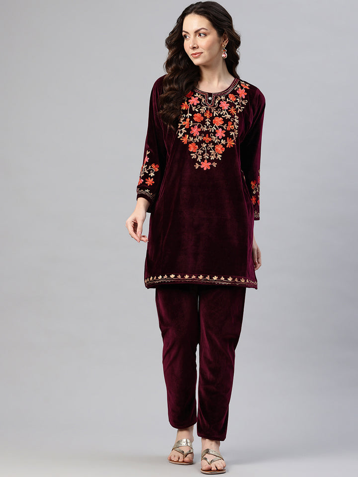 Women's Kashmiri Embroidered Velvet Co-ords – Kurta and Trousers