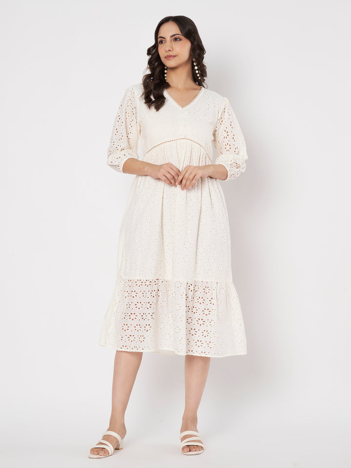 Women's Embroidered Schiffli Puff Sleeve A-Line Midi Dress