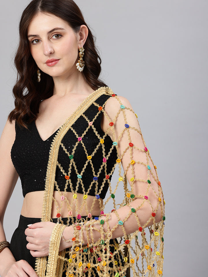 Women's Embroidered Golden Lace Beeds Dupatta