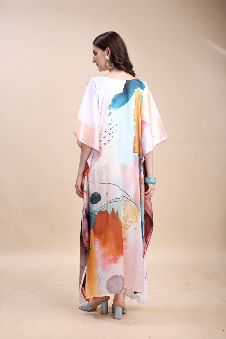 Women's Printed V-Neck Sleeves Long Satin Kaftan
