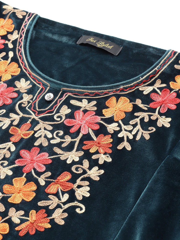 Women's Kashmiri Embroidered Velvet Co-ords – Kurta and Trousers