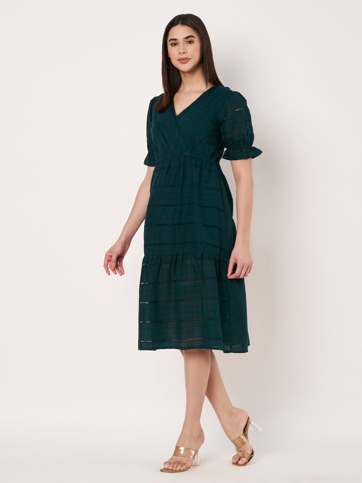 Women's Embroidered Schiffli Puff Sleeve A-Line Midi Dress