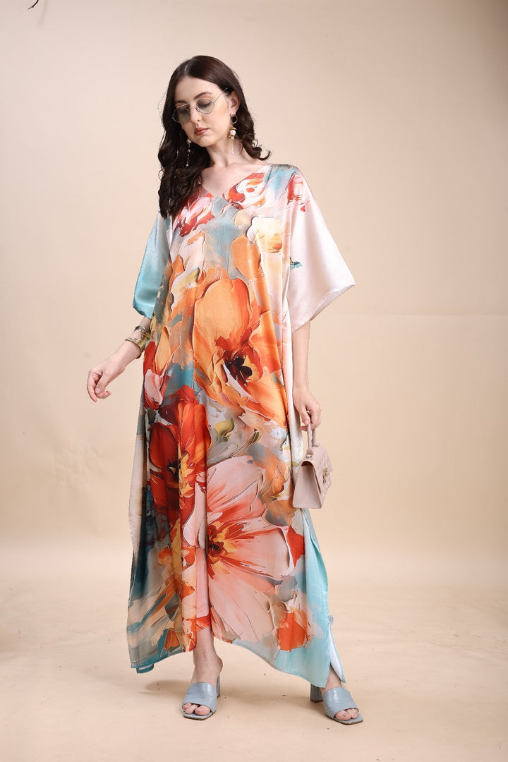 Women's Printed V-Neck Sleeves Long Satin Kaftan