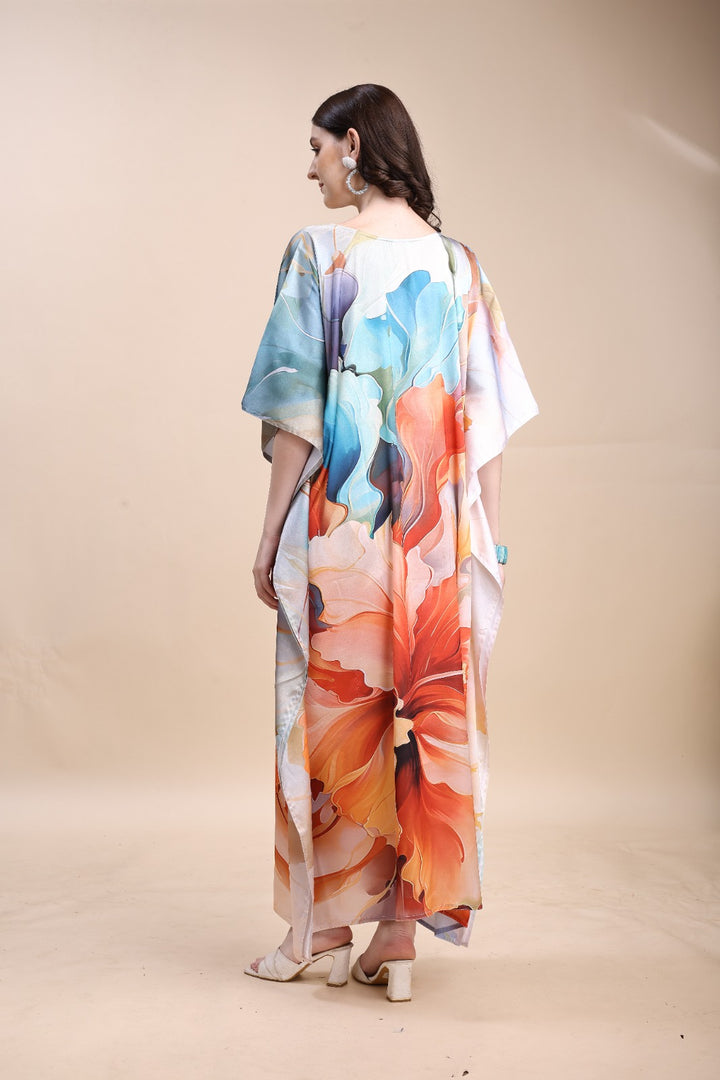 Women's Printed V-Neck Sleeves Long Satin Kaftan
