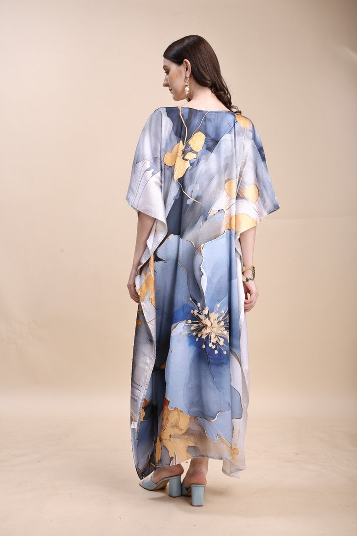 Women's Printed V-Neck Sleeves Long Satin Kaftan