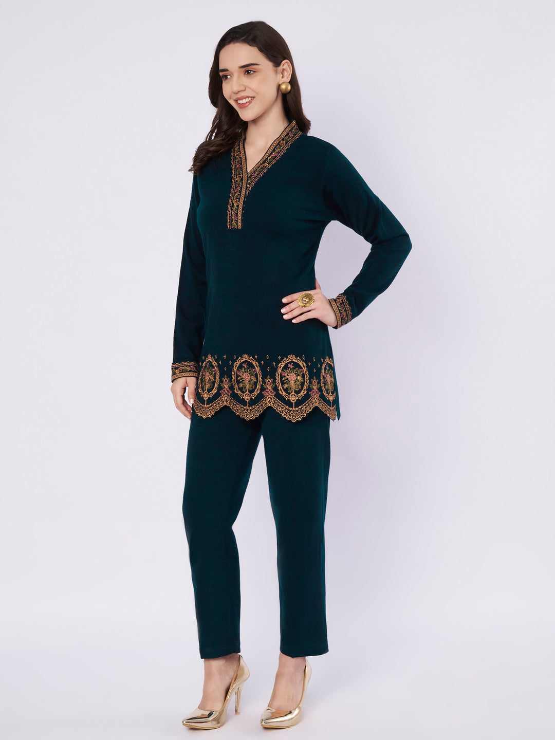 Women's Kashmiri Embroidered Woollen Co-ords – Kurta and Trousers