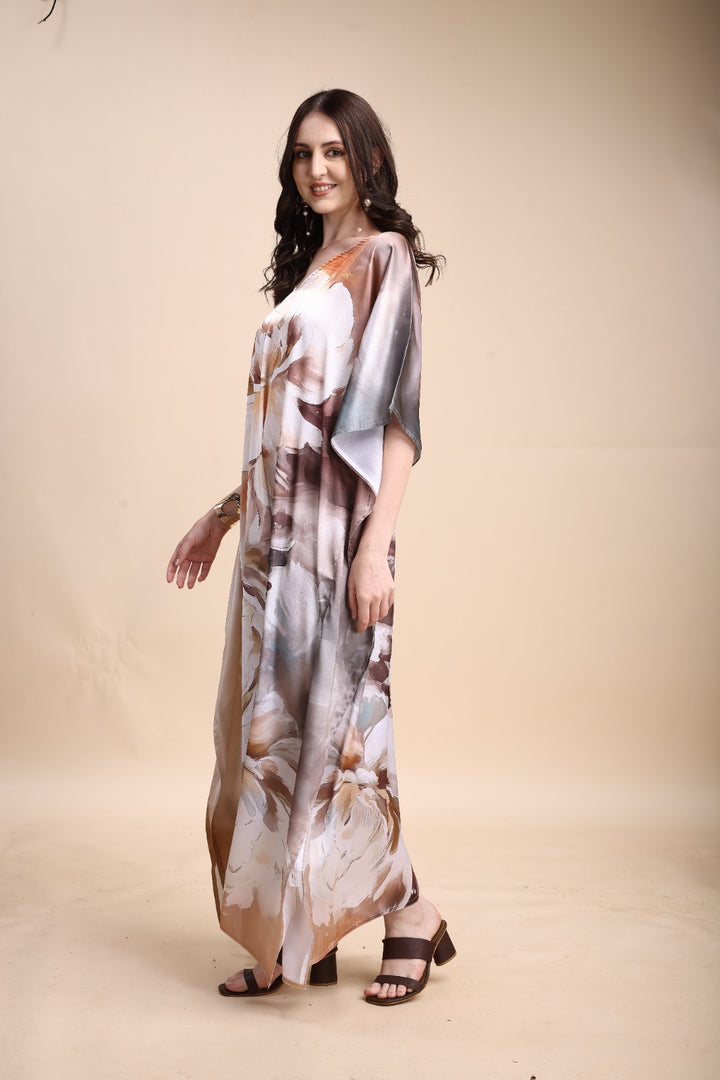 Women's Printed V-Neck Sleeves Long Satin Kaftan