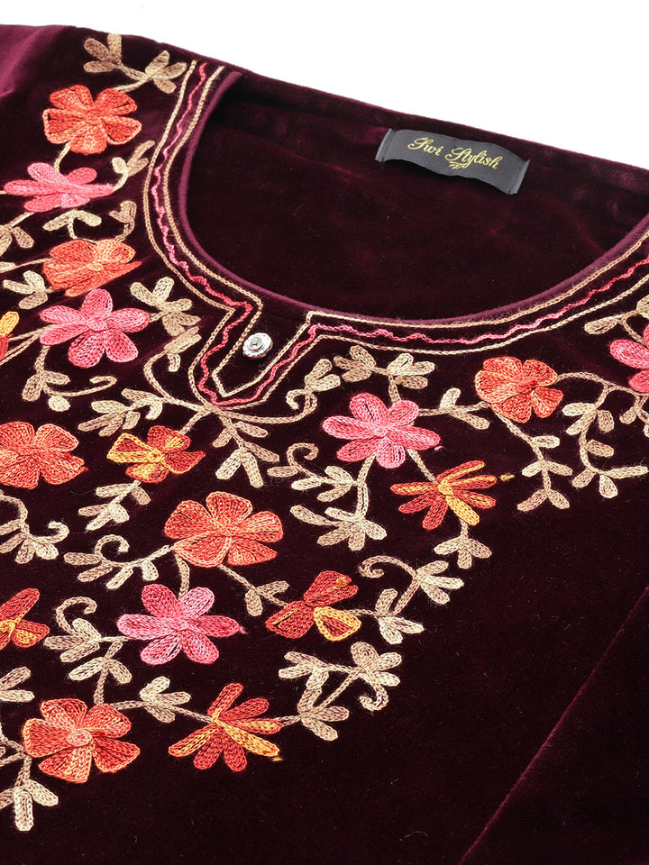 Women's Kashmiri Embroidered Velvet Co-ords – Kurta and Trousers