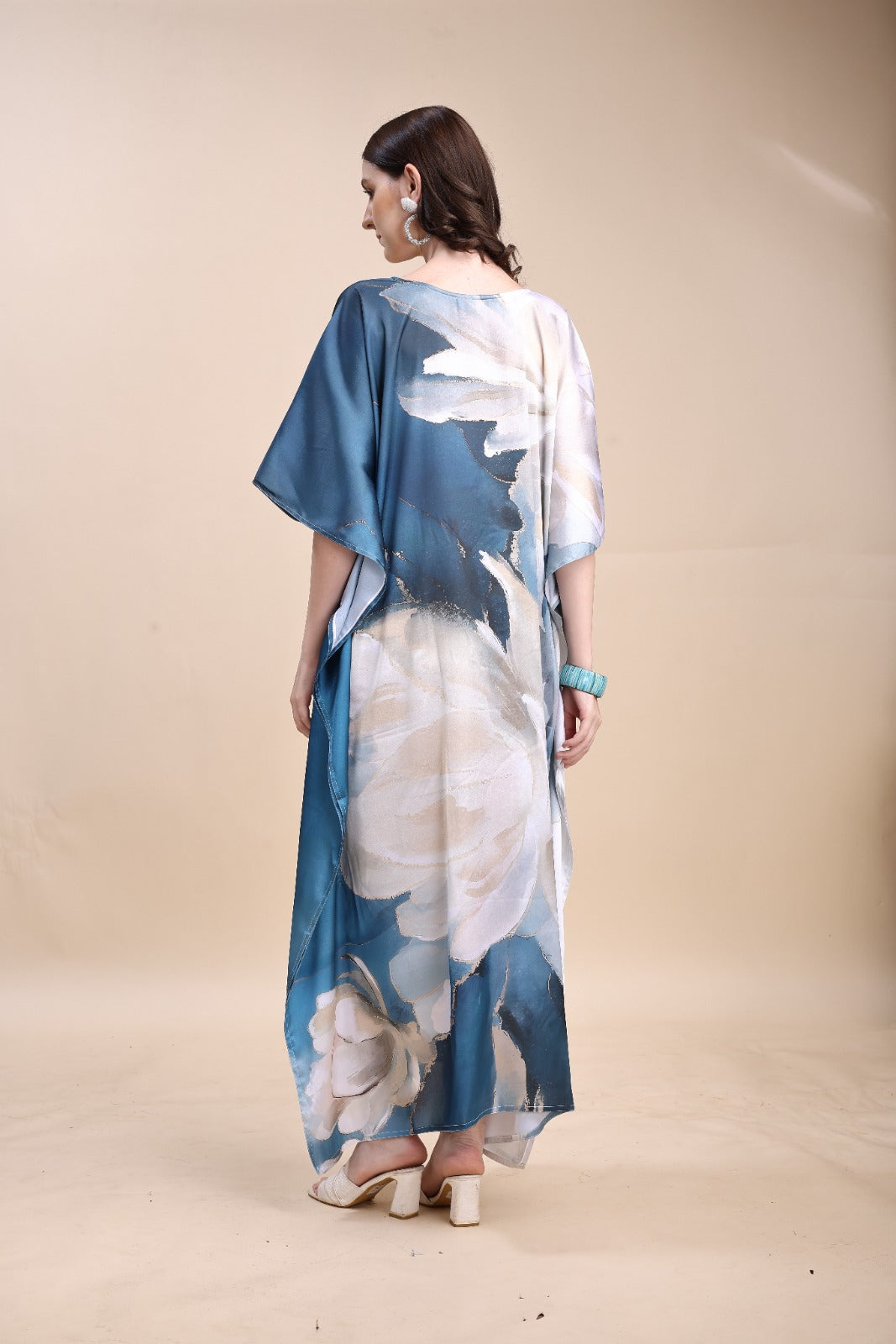 Women's Printed V-Neck Sleeves Long Satin Kaftan