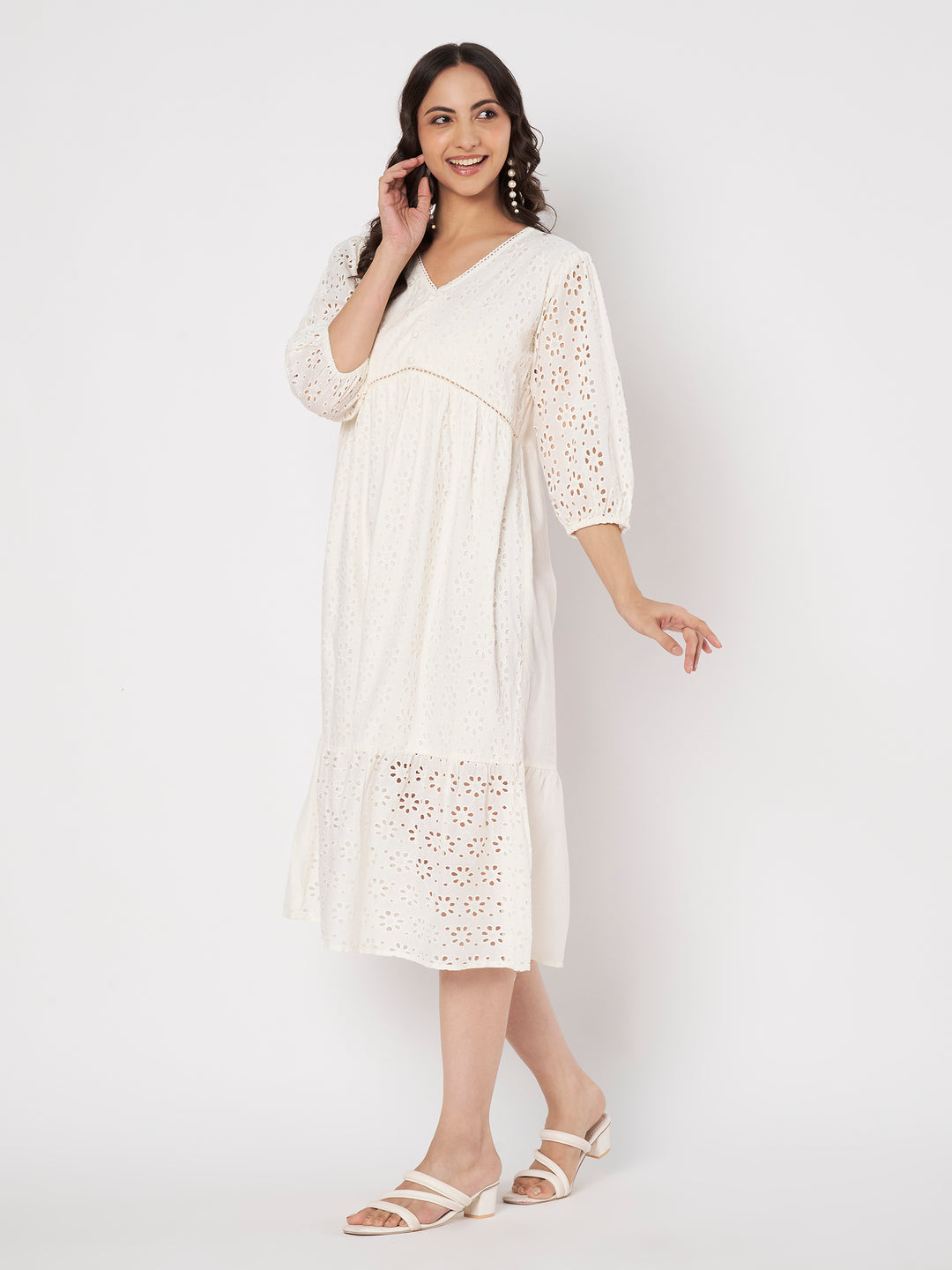 Women's Embroidered Schiffli Puff Sleeve A-Line Midi Dress