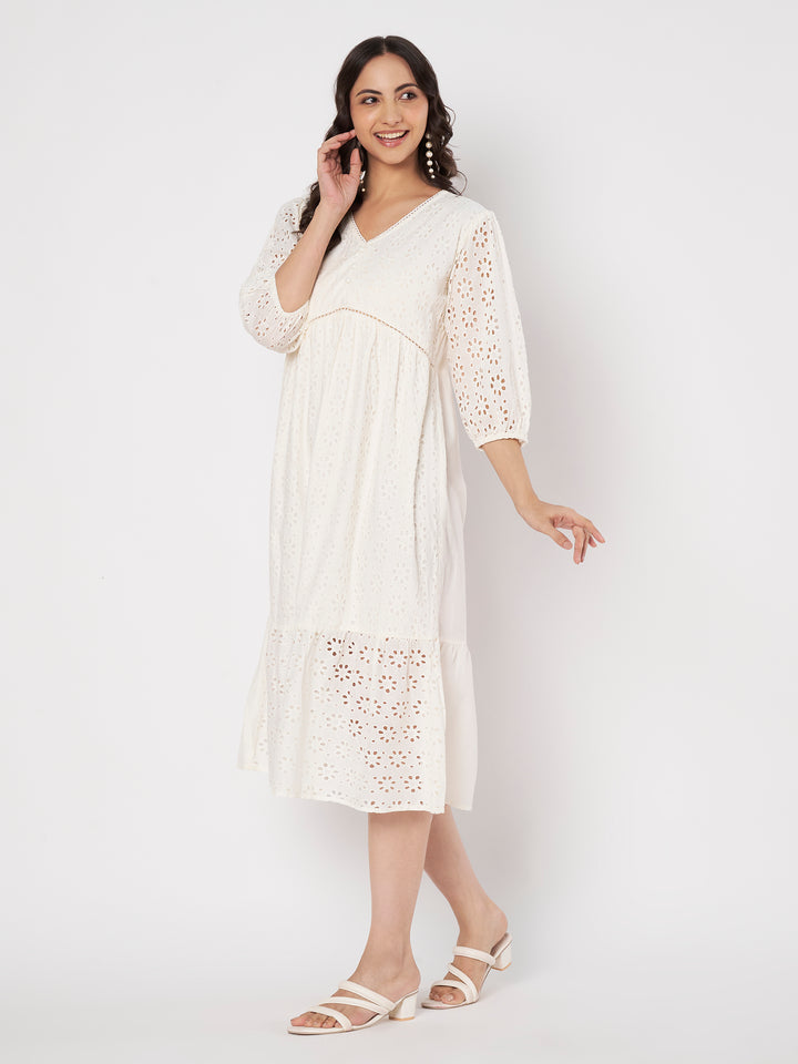 Women's Embroidered Schiffli Puff Sleeve A-Line Midi Dress