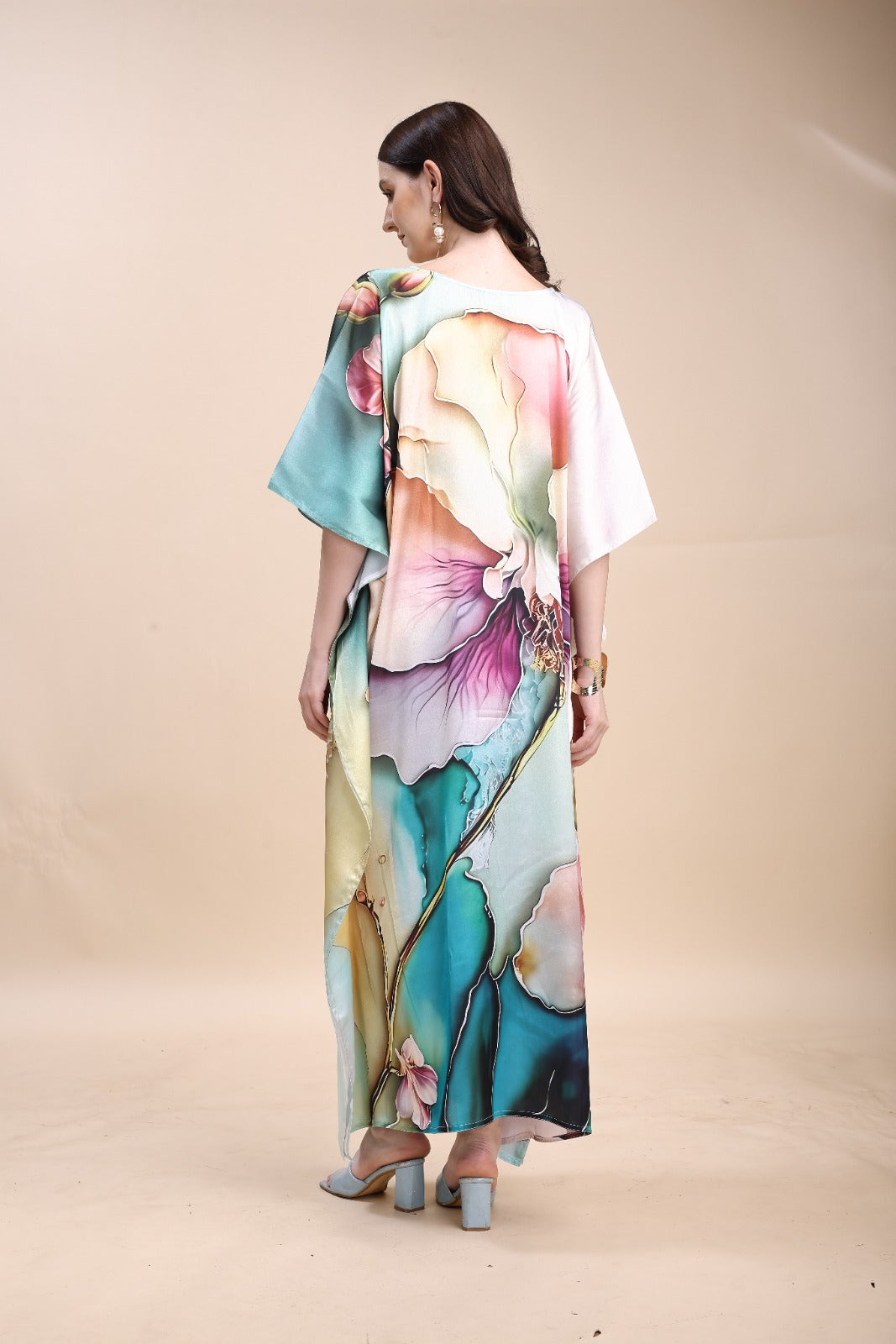 Women's Printed V-Neck Sleeves Long Satin Kaftan