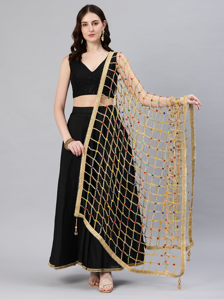 Women's Embroidered Golden Lace Beeds Dupatta