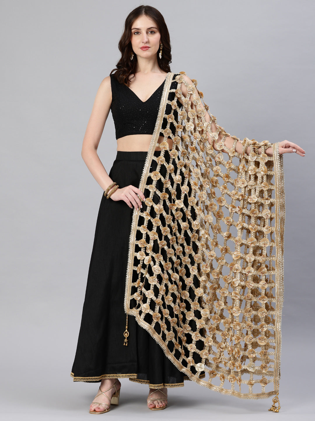 Women's Embroidered Golden Lace Dupatta