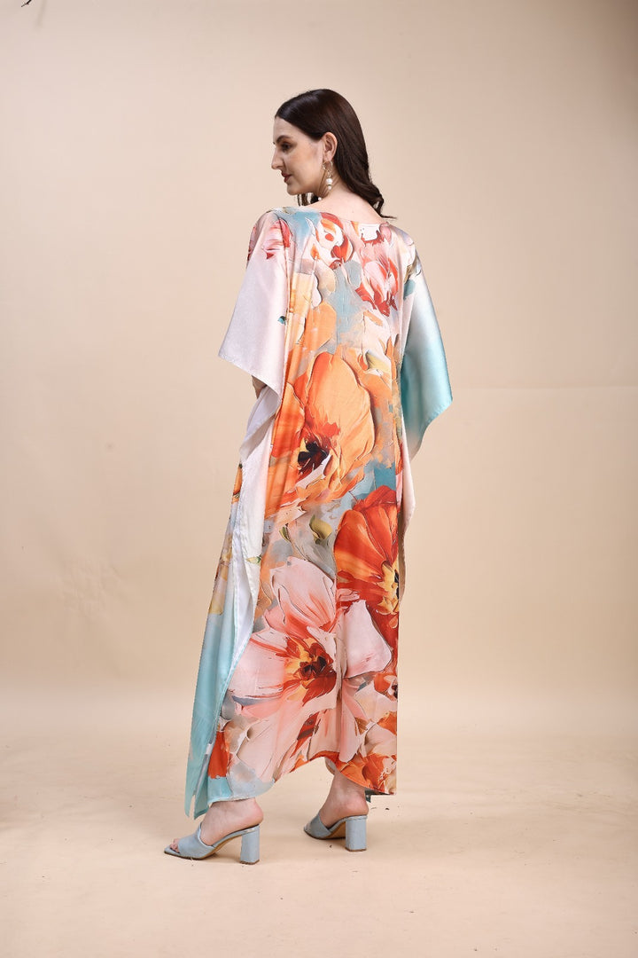 Women's Printed V-Neck Sleeves Long Satin Kaftan