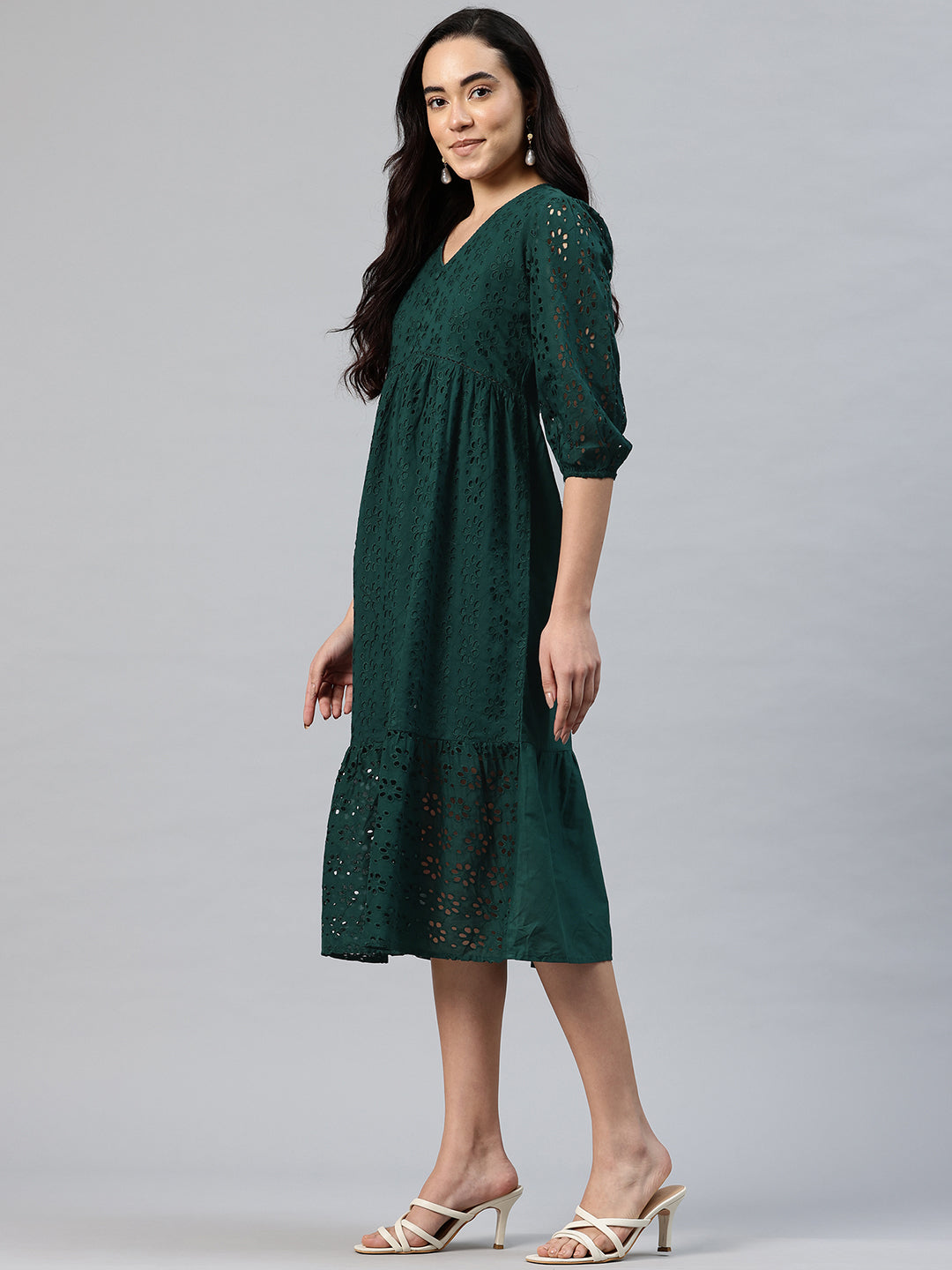 Women's Embroidered Schiffli Puff Sleeve A-Line Midi Dress